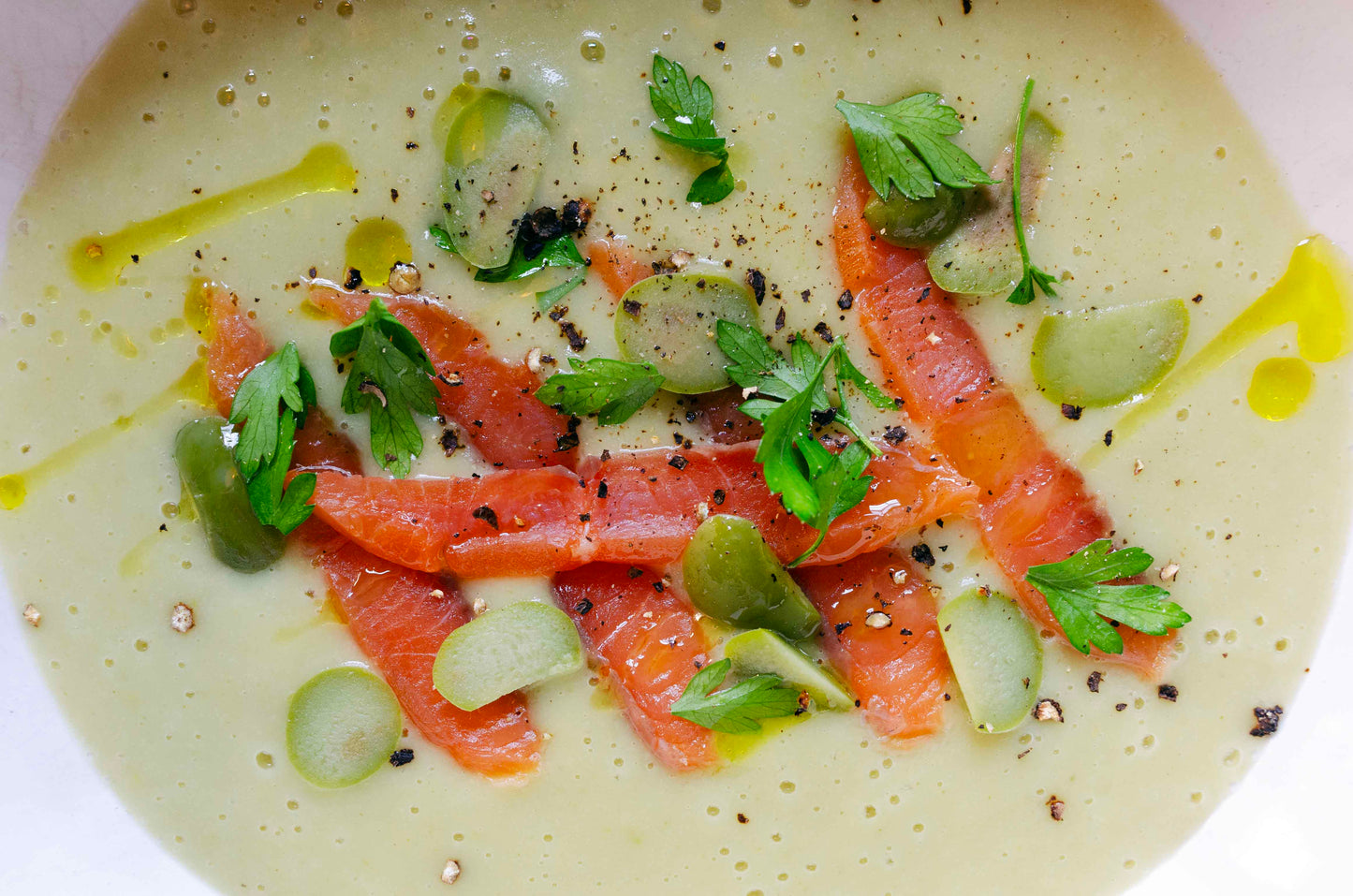 Potato Soup with Green Olives & Smoked Salmon