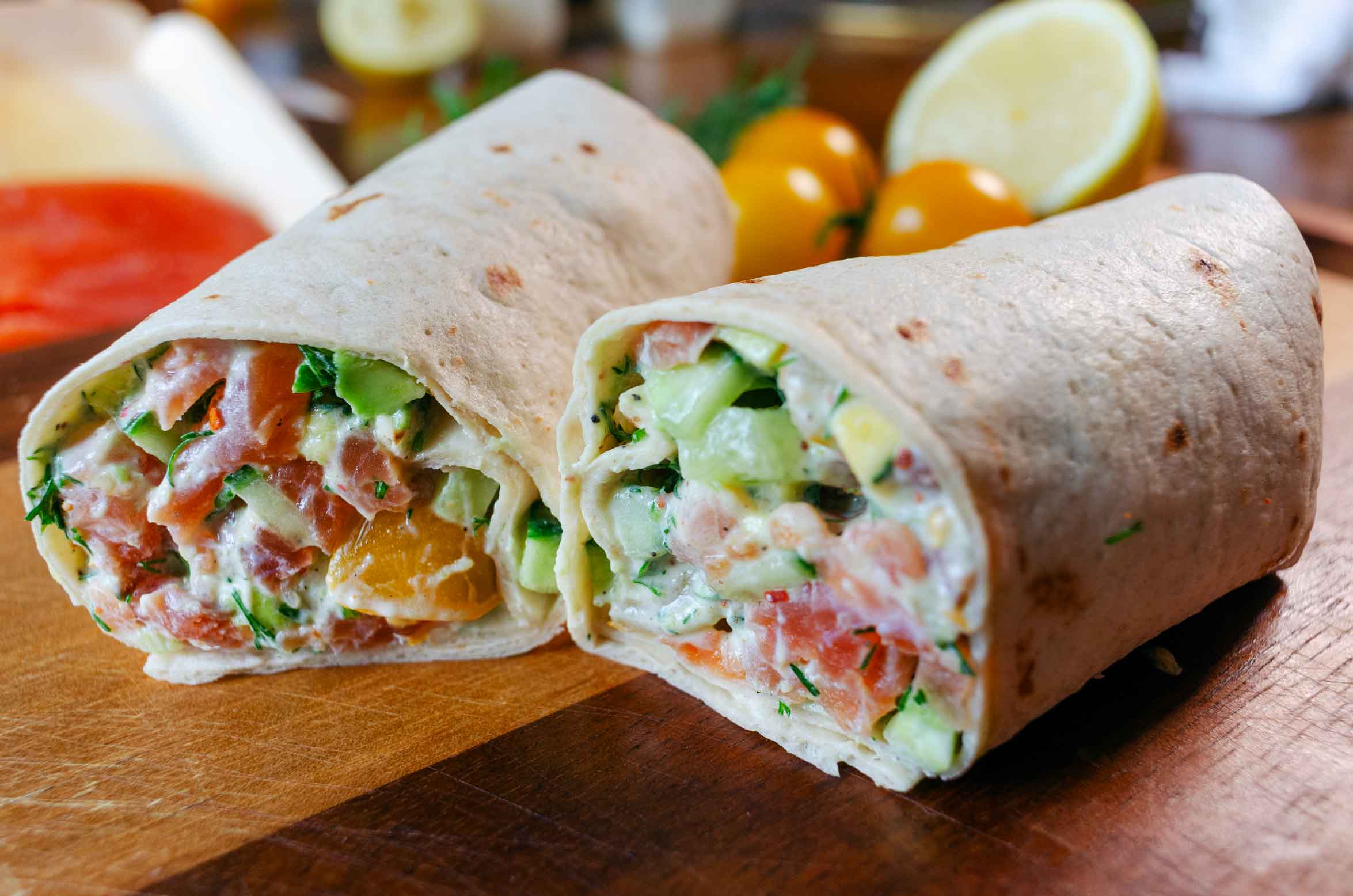 Healthy burrito with smoked salmon, avocado and greek yoghurt