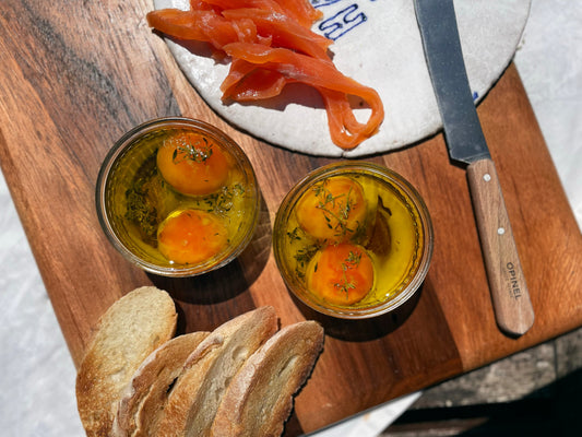 Confit yolks with smoked trout
