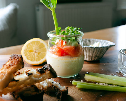 Eggs 'en cocotte' with smoked salmon and wasabi cream