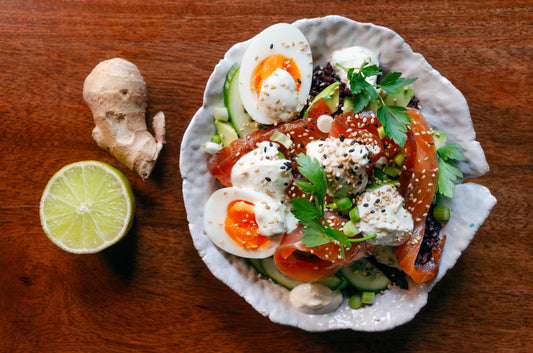 Black Rice Bowl with Whisky & Soy Salmon and Creamy Ginger-Lime Sauce