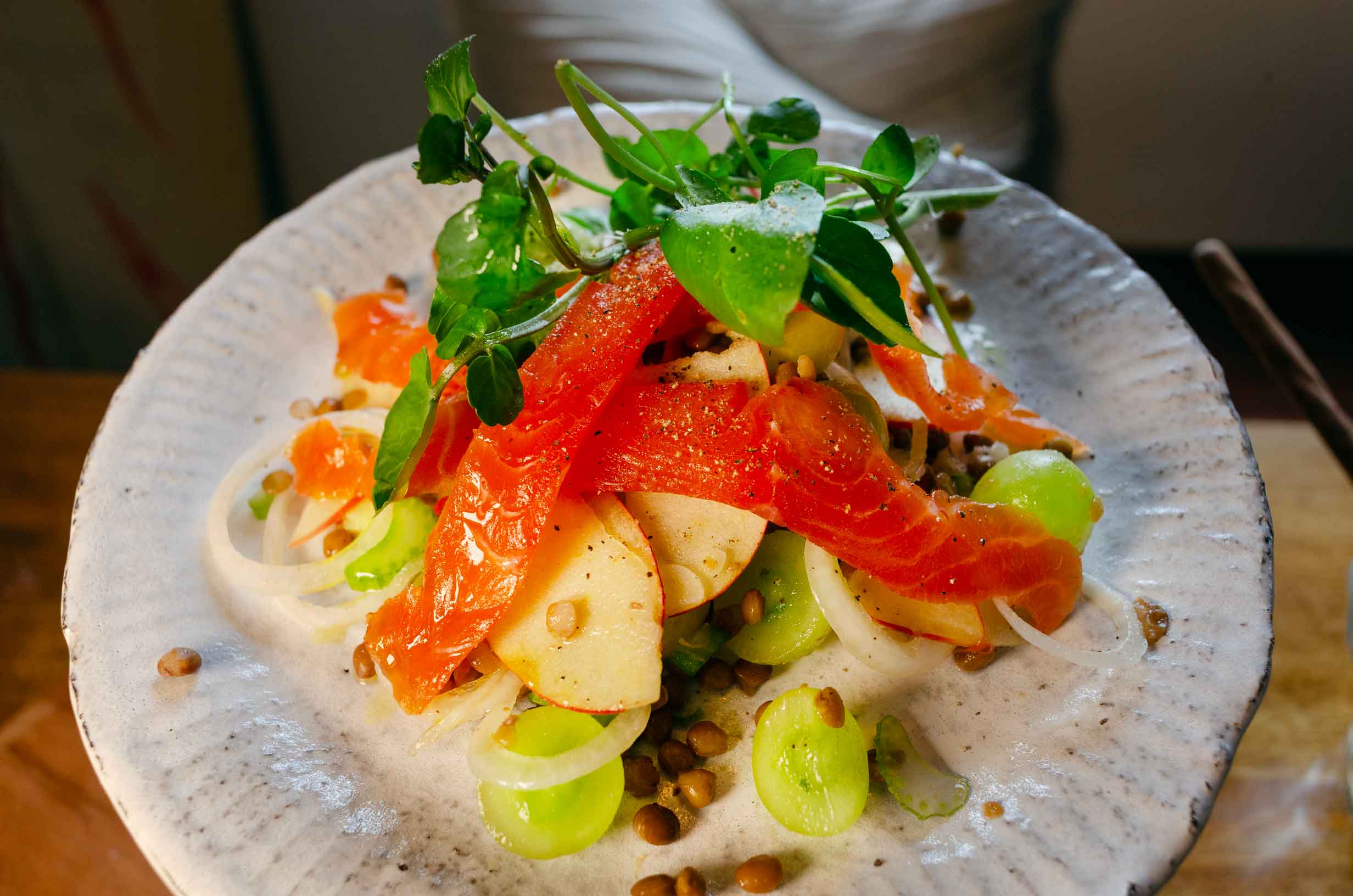 Lentil, Apple, Grape and Smoked Trout Salad