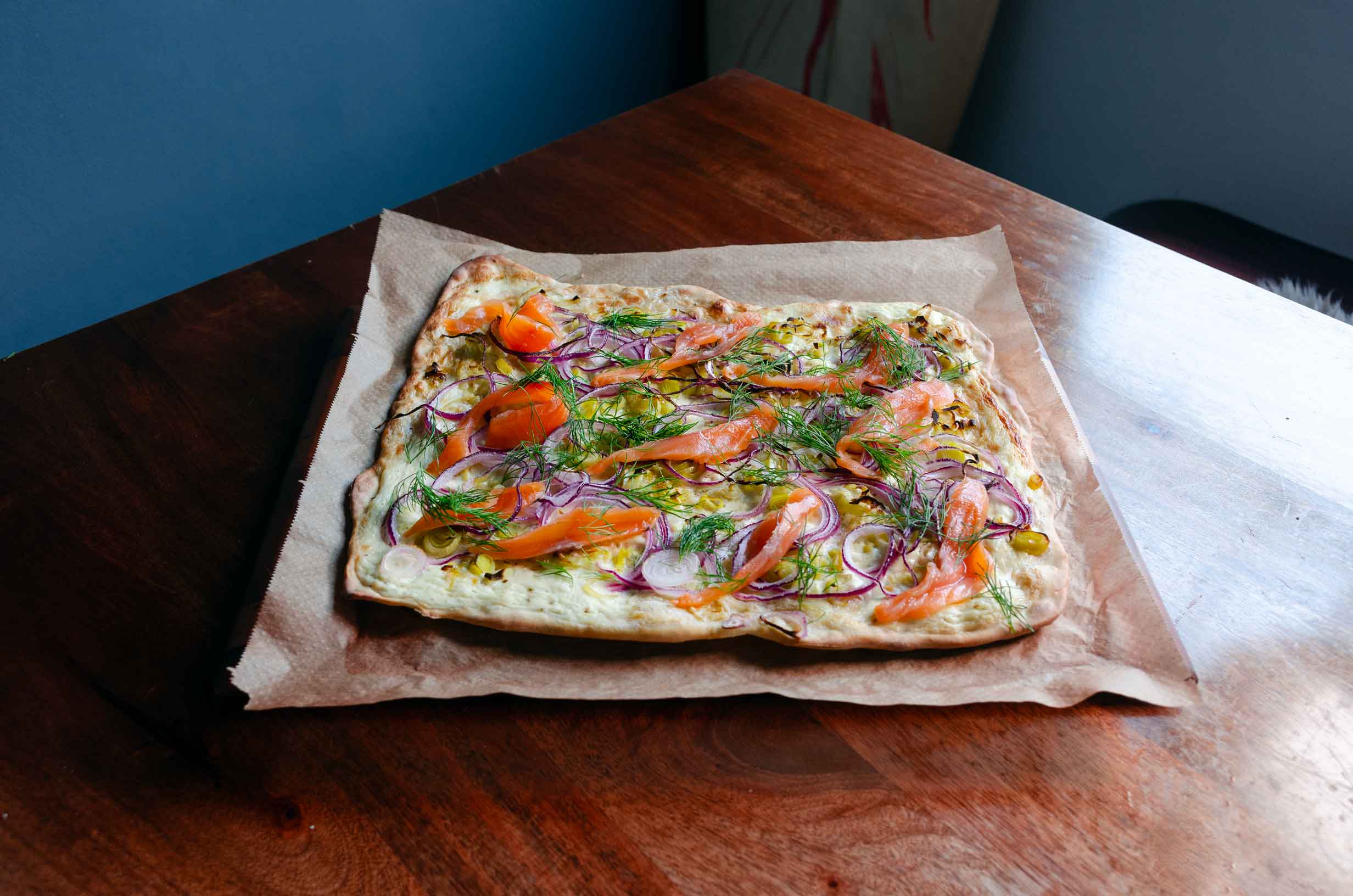 Smoked salmon flammkuchen