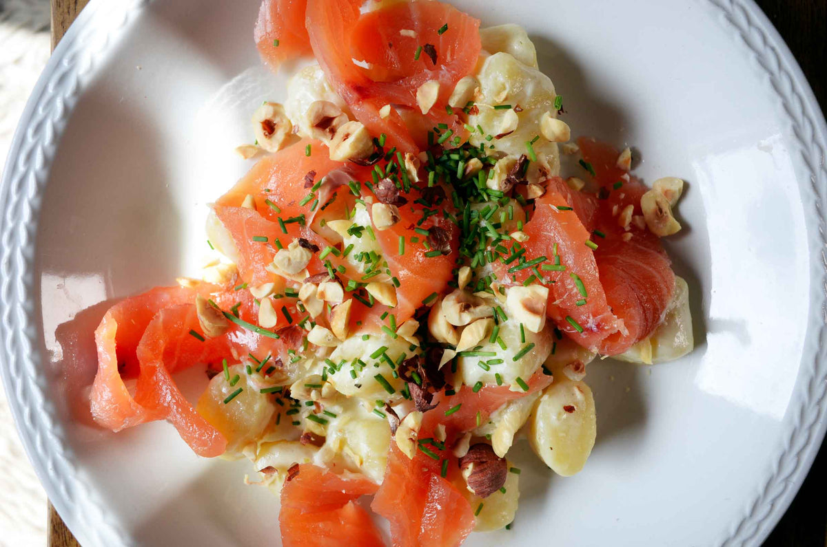 Gnocchi with Smoked Salmon and hazelnuts