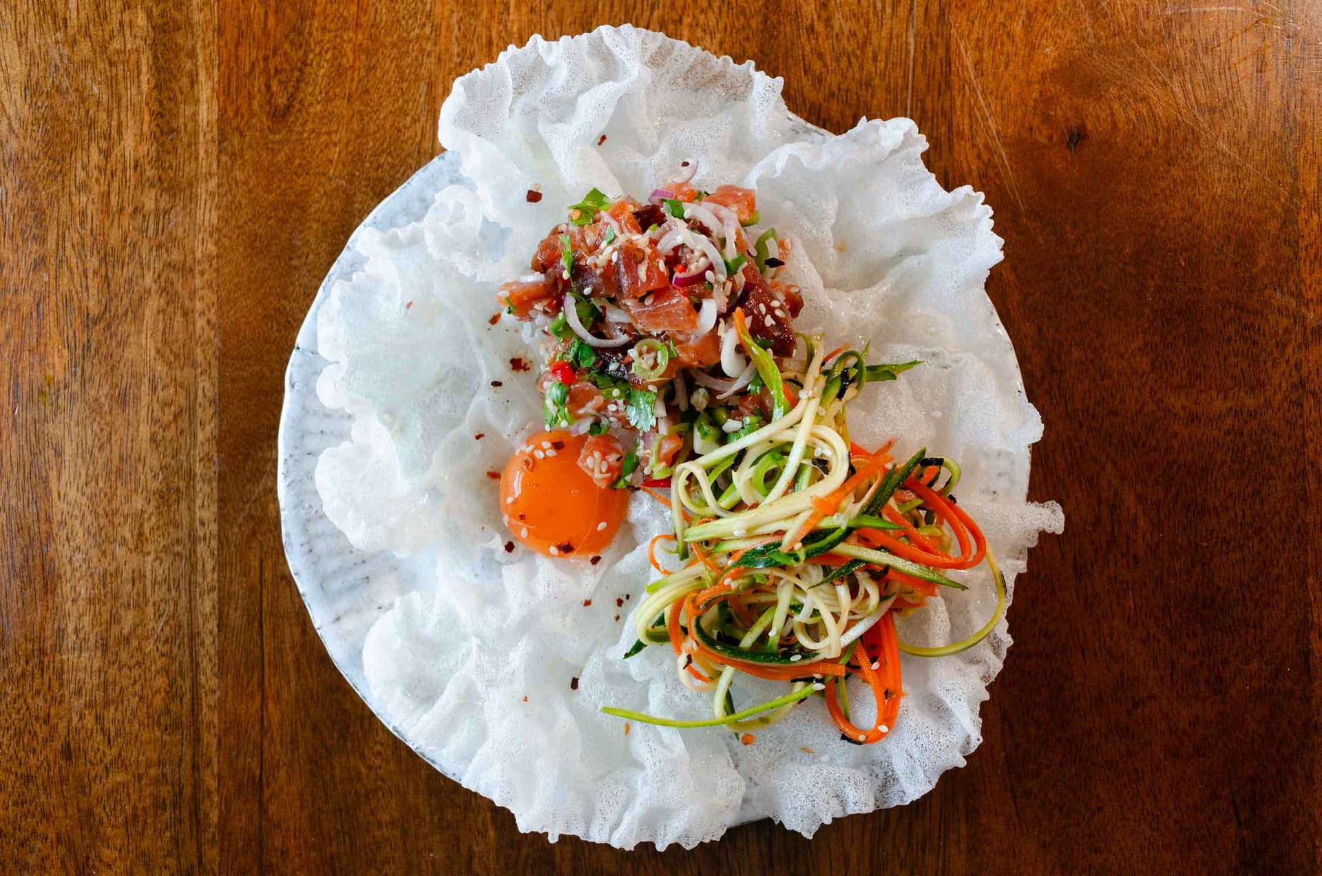 Rice flowers with Whisky&Soy smoked salmon tartare