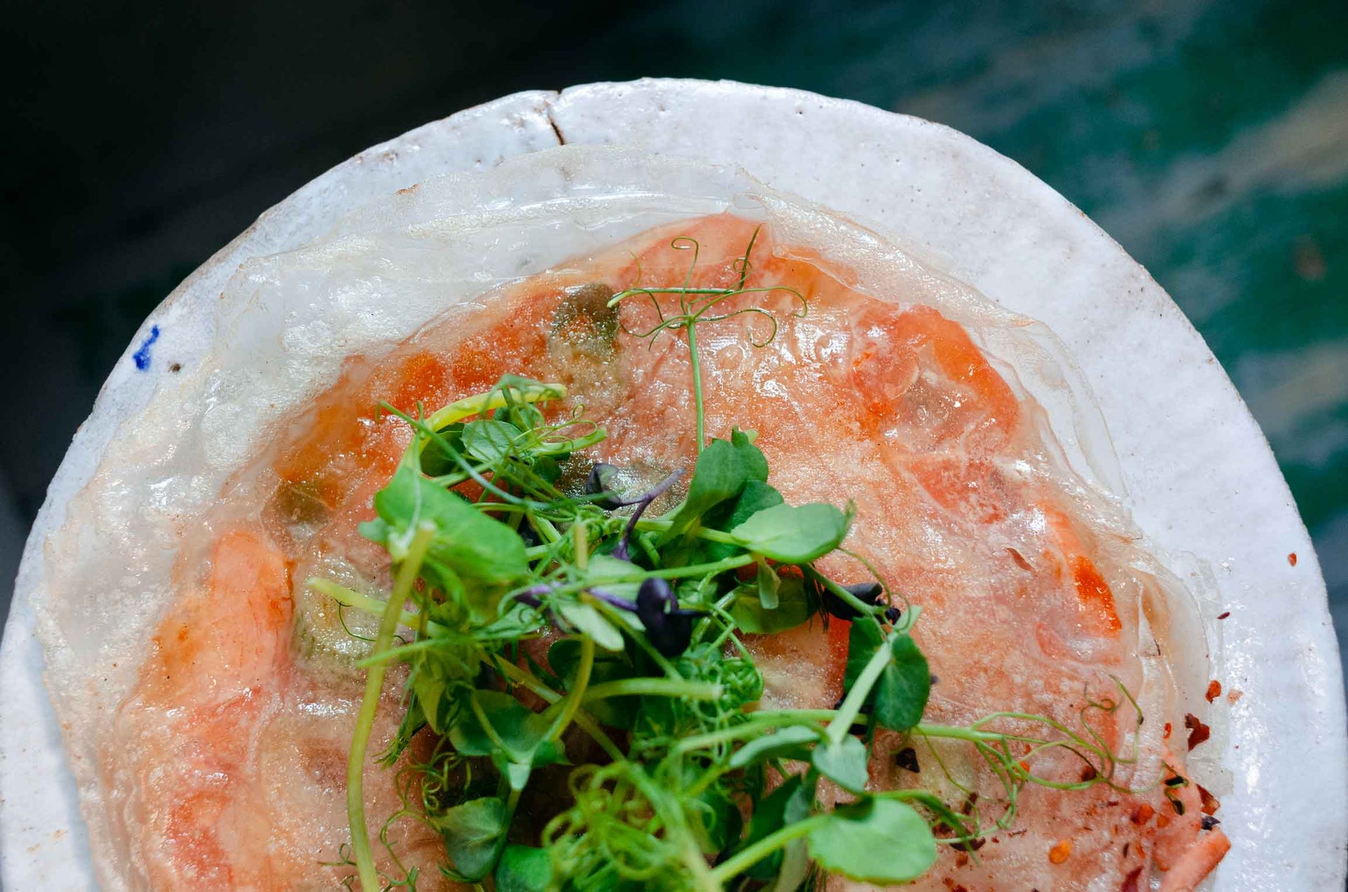 Rice pancake with smoked trout
