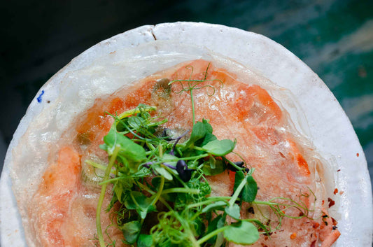 Rice pancake with smoked trout