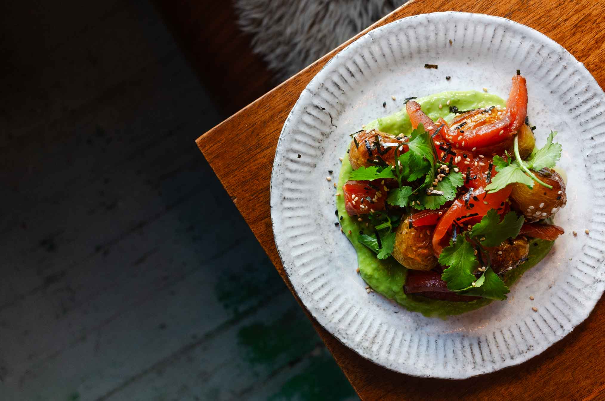 Smoked Salmon, Crispy Baby Potatoes & Avocado 'Mayo'