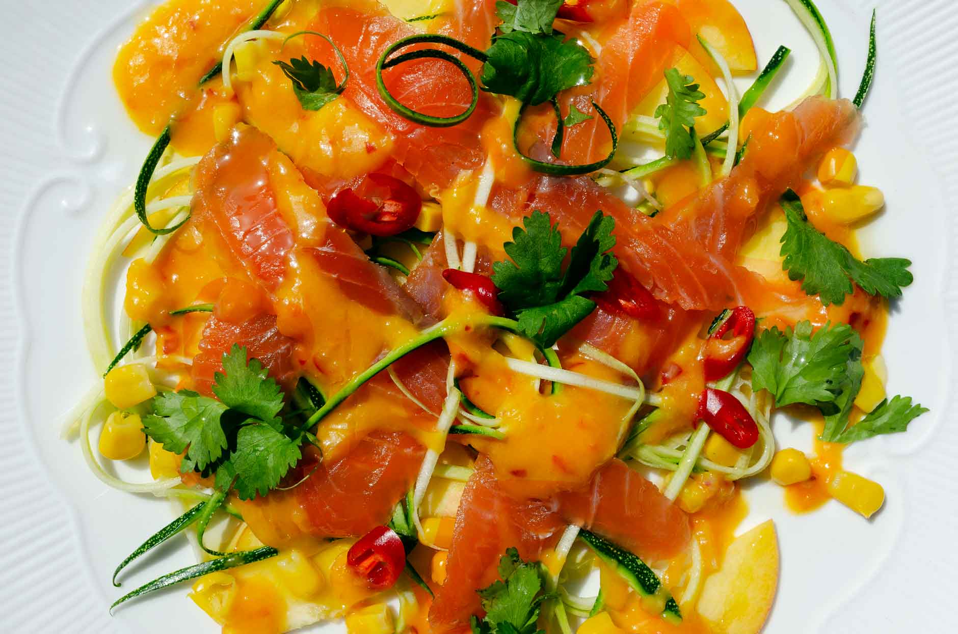 Ceviche with Smoked Salmon, Peaches and Aji Amarill