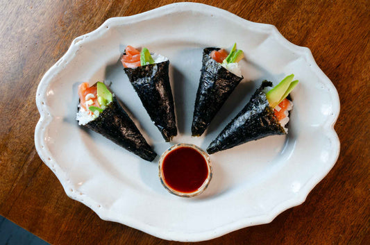 Salmon Toro Temaki with Avocado and Spicy Honey Sesame Sauce