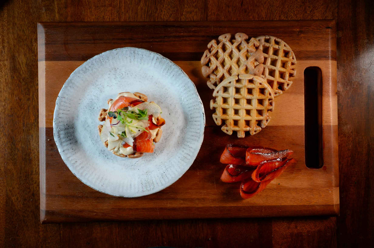 Chestnut waffle with Smoked Salmon and Marinated Pear