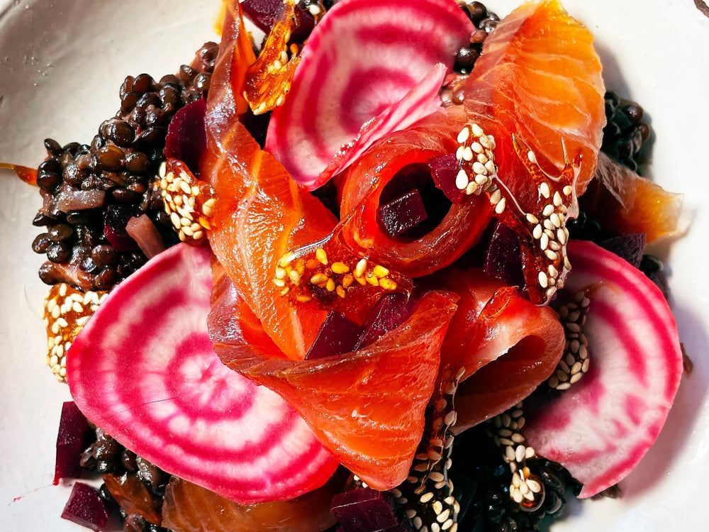 Beluga Lentils with Whisky&Soy Smoked Salmon